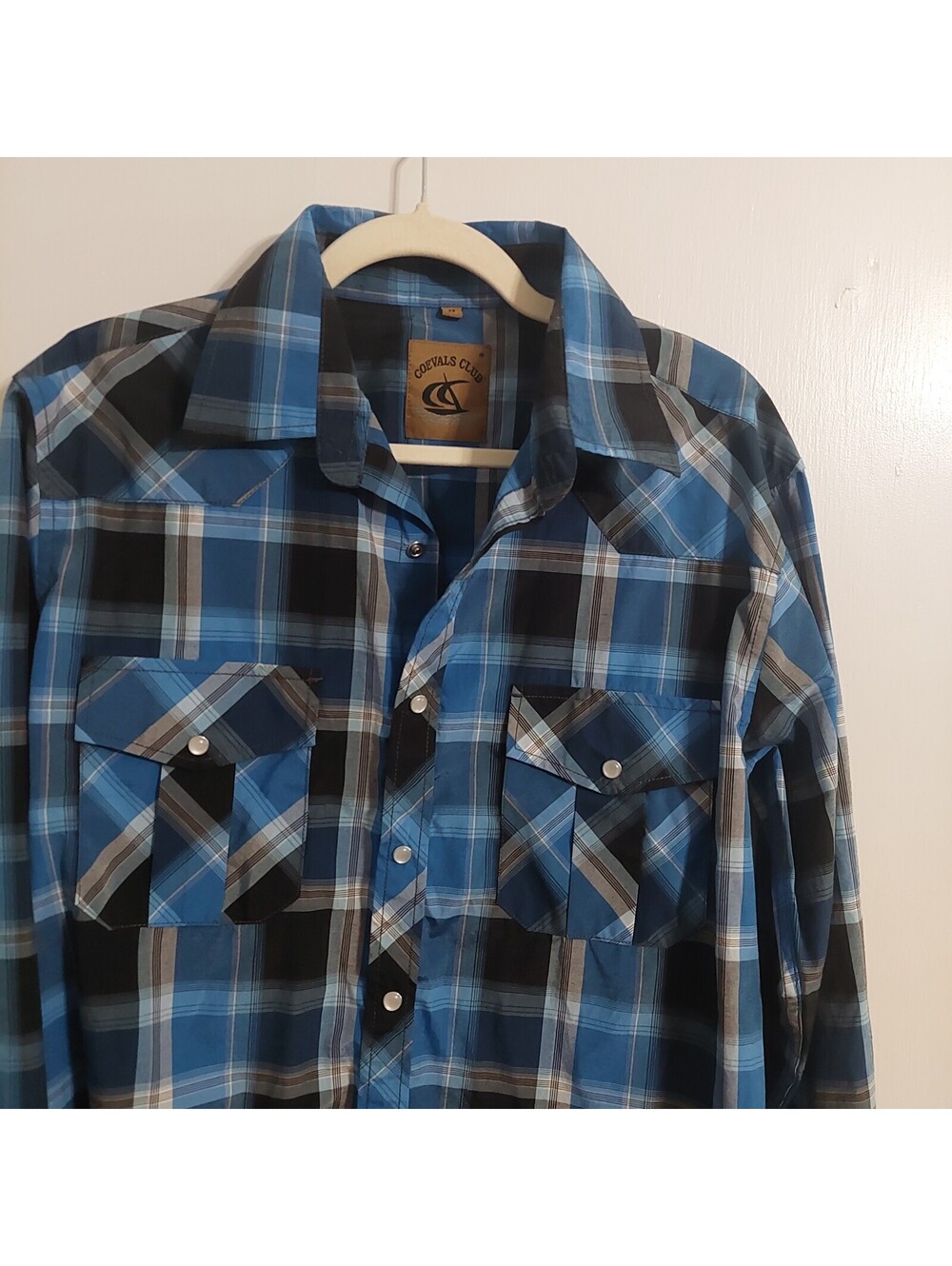 Coevals Club Men's Blue and Black Plaid Button-Up Shirt Medium
